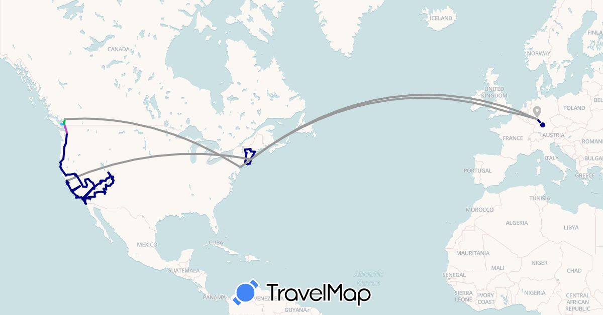 TravelMap itinerary: driving, bus, plane, train, boat in Canada, Germany, United Kingdom, United States (Europe, North America)